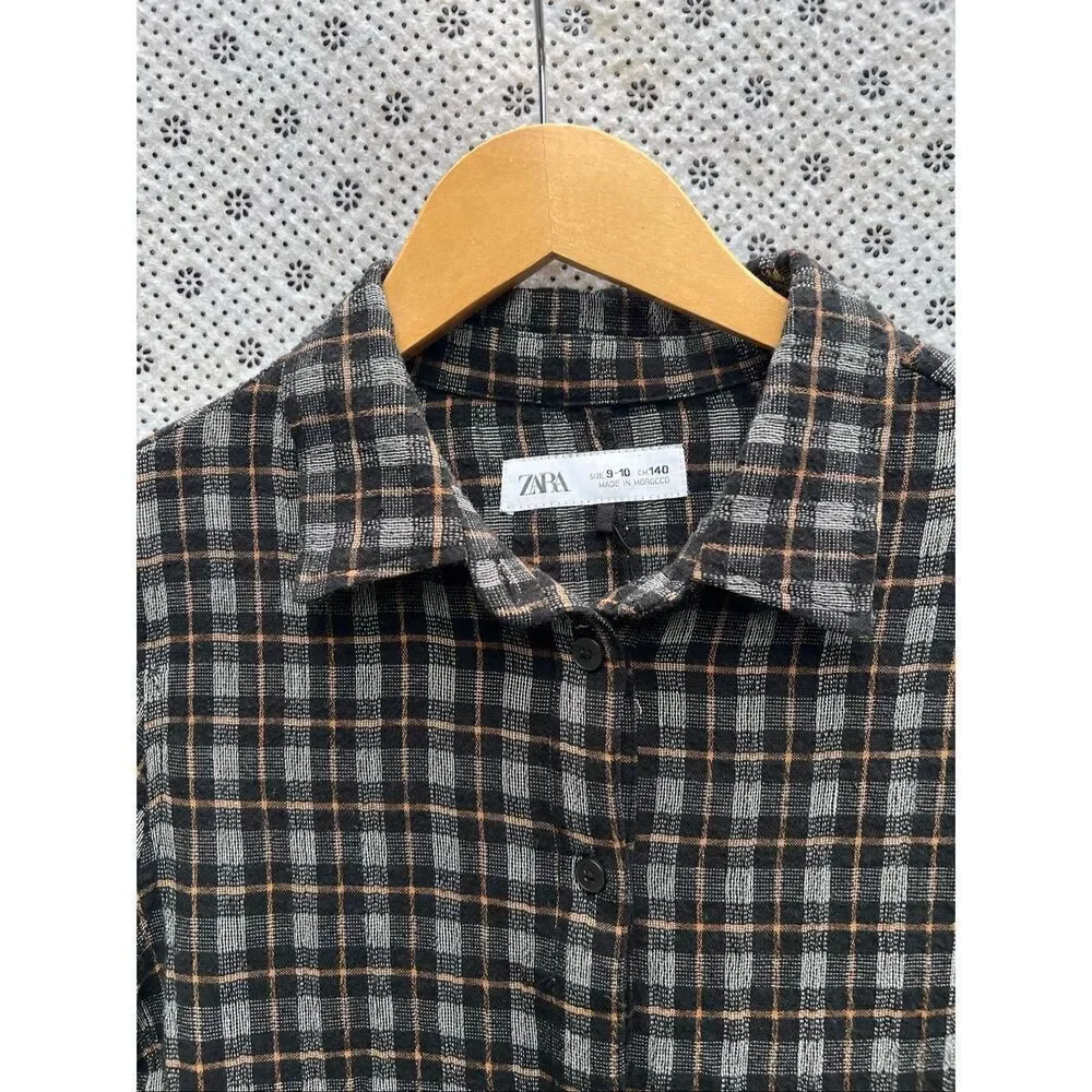 ZARA Girls Long Sleeve Asymmetric Pleated Dress Size 9-10 Black/Brown Plaid